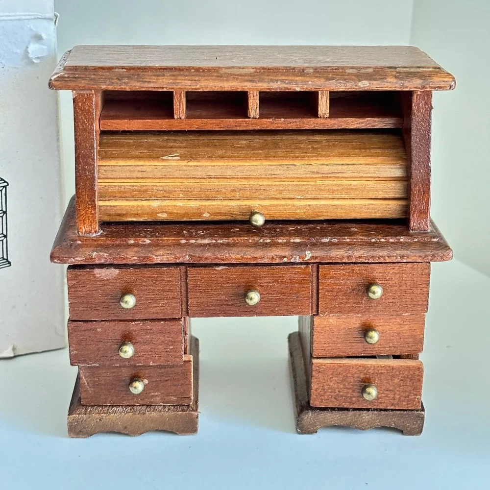 Vintage Colonial Miniature Roll Top Desk Taiwan Dollhouse‎ Furniture Wood